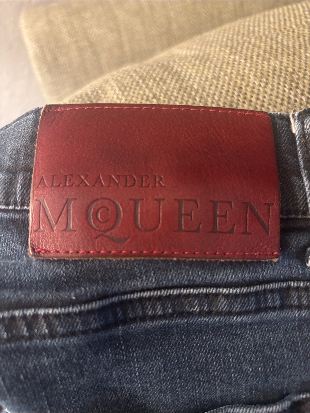 Alexander McQueen Men’s Slim Jeans in Dark Blue with Red Leather Patch